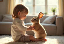 Jeune enfant tenant un lapin lopeared dans un salon ensoleille