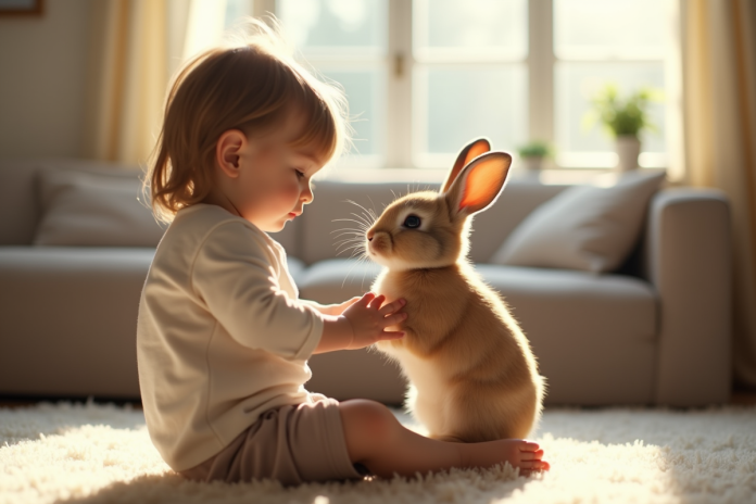 enfant-avec-rabbit-lopeared Jeune enfant tenant un lapin lopeared dans un salon ensoleille