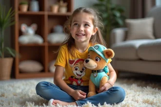 Jeune fille souriante avec t-shirt Paw Patrol et jouet chien
