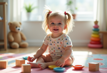 Fille de 2-3 ans souriante sur tapis coloré avec jouets
