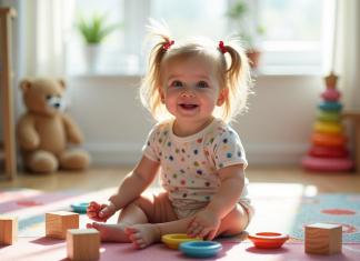 Fille de 2-3 ans souriante sur tapis coloré avec jouets