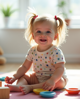 Fille de 2-3 ans souriante sur tapis coloré avec jouets