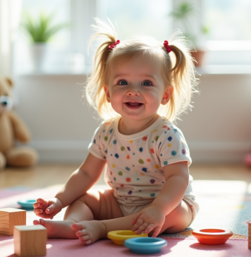 Fille de 2-3 ans souriante sur tapis coloré avec jouets