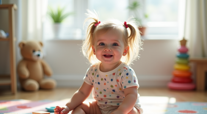Fille de 2-3 ans souriante sur tapis coloré avec jouets