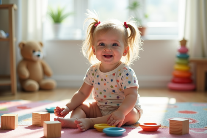 enfant-joueuse-jouet-bois Fille de 2-3 ans souriante sur tapis coloré avec jouets