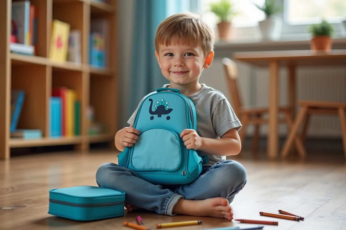 Jeune enfant en maternelle ouvrant son sac à dos ergonomique dans une salle de classe colorée