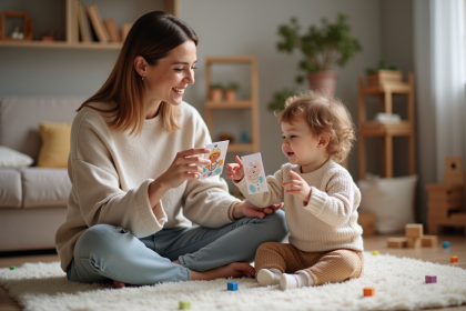 Fille de 20 mois pointant des cartes avec sa mère dans un salon chaleureux