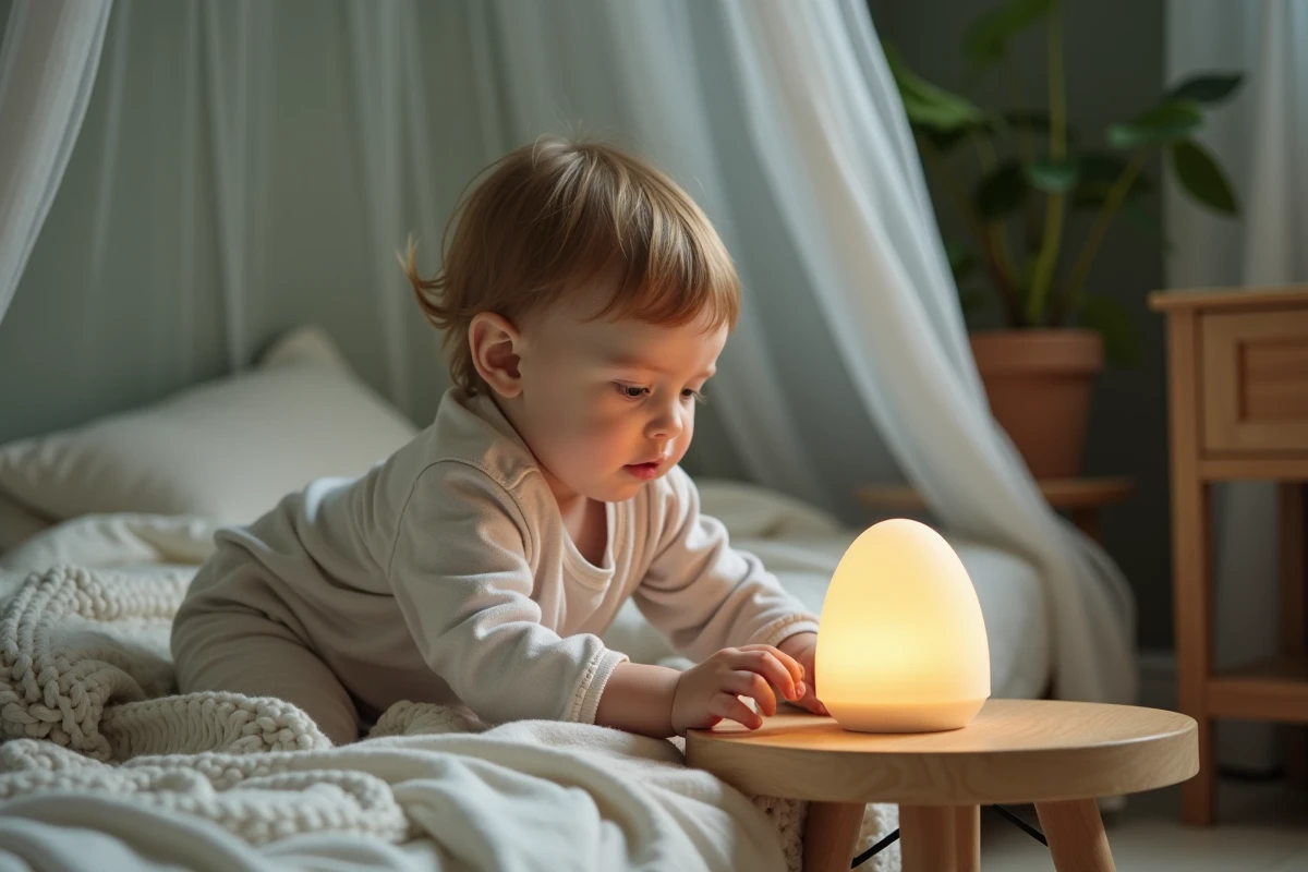 Enfant en bas âge en pyjama explorant une veilleuse Montessori lumineuse dans une chambre cosy et naturelle