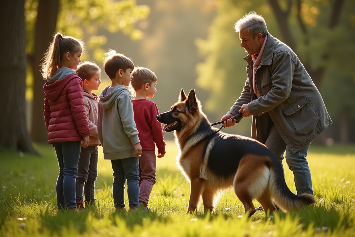 Enfants et adulte apprenant à approcher un berger allemand en plein air