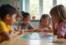 Groupe d'enfants jouant à un jeu éducatif en classe lumineuse
