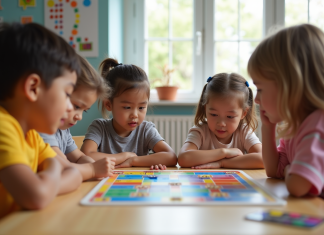 Groupe d'enfants jouant à un jeu éducatif en classe lumineuse