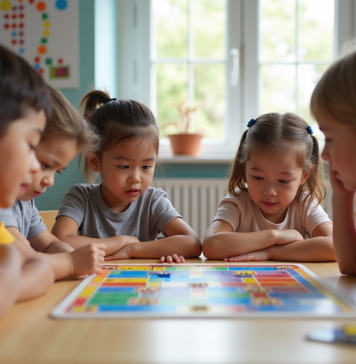 Groupe d'enfants jouant à un jeu éducatif en classe lumineuse
