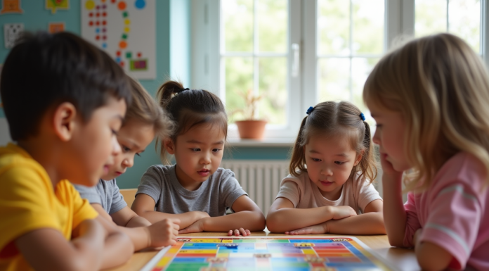 Groupe d'enfants jouant à un jeu éducatif en classe lumineuse