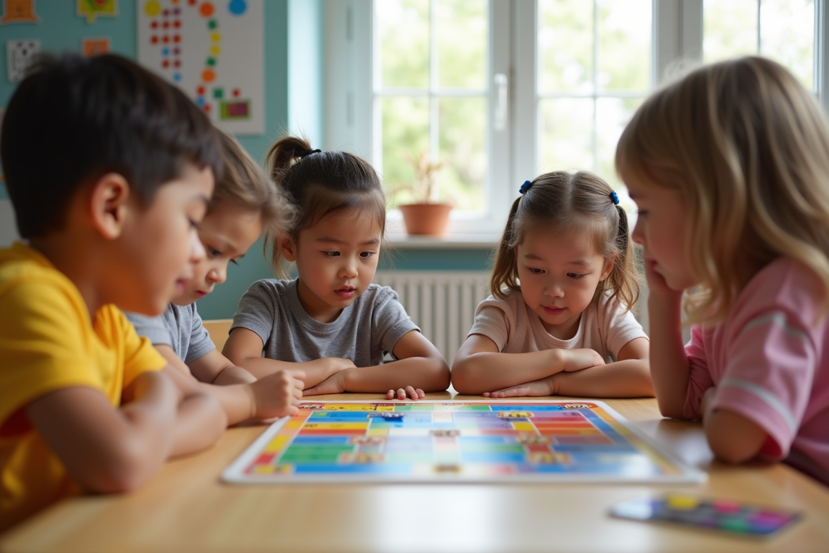 Groupe d'enfants jouant à un jeu éducatif en classe lumineuse