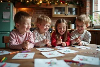 Quatre enfants en pyjama découvrent des lettres de lutins farceurs imprimées sur une table de cuisine familiale décorée pour Noël