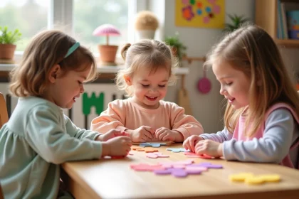 Groupe d'enfants cr&eacute;ant des cartes pour la f&ecirc;te des m&egrave;res