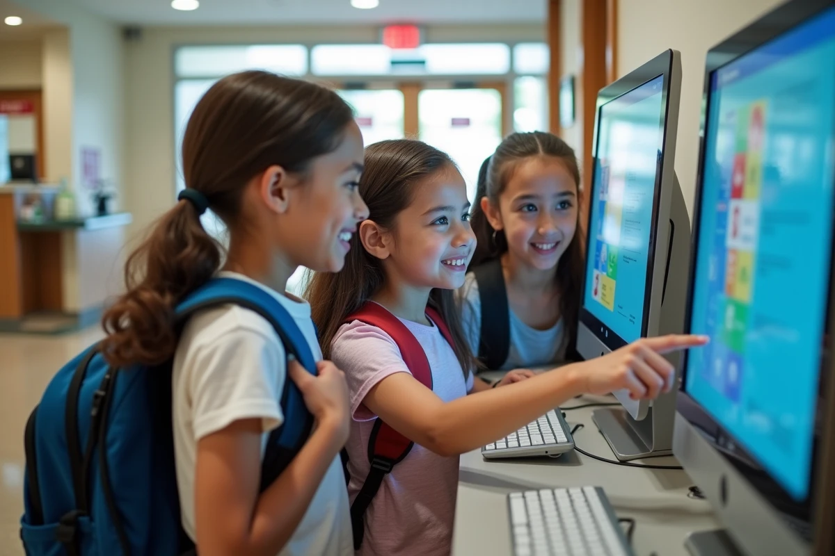 Trois enfants regardant un ordinateur dans un hall municipal