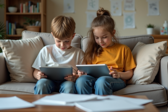 Garçons et filles absorbés par leurs tablettes dans le salon