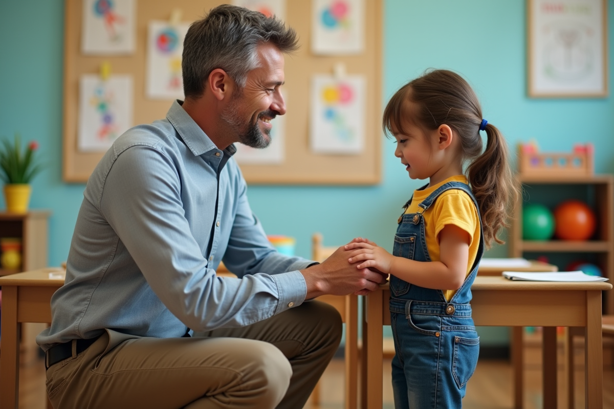 Enseignant aidant une petite fille en classe