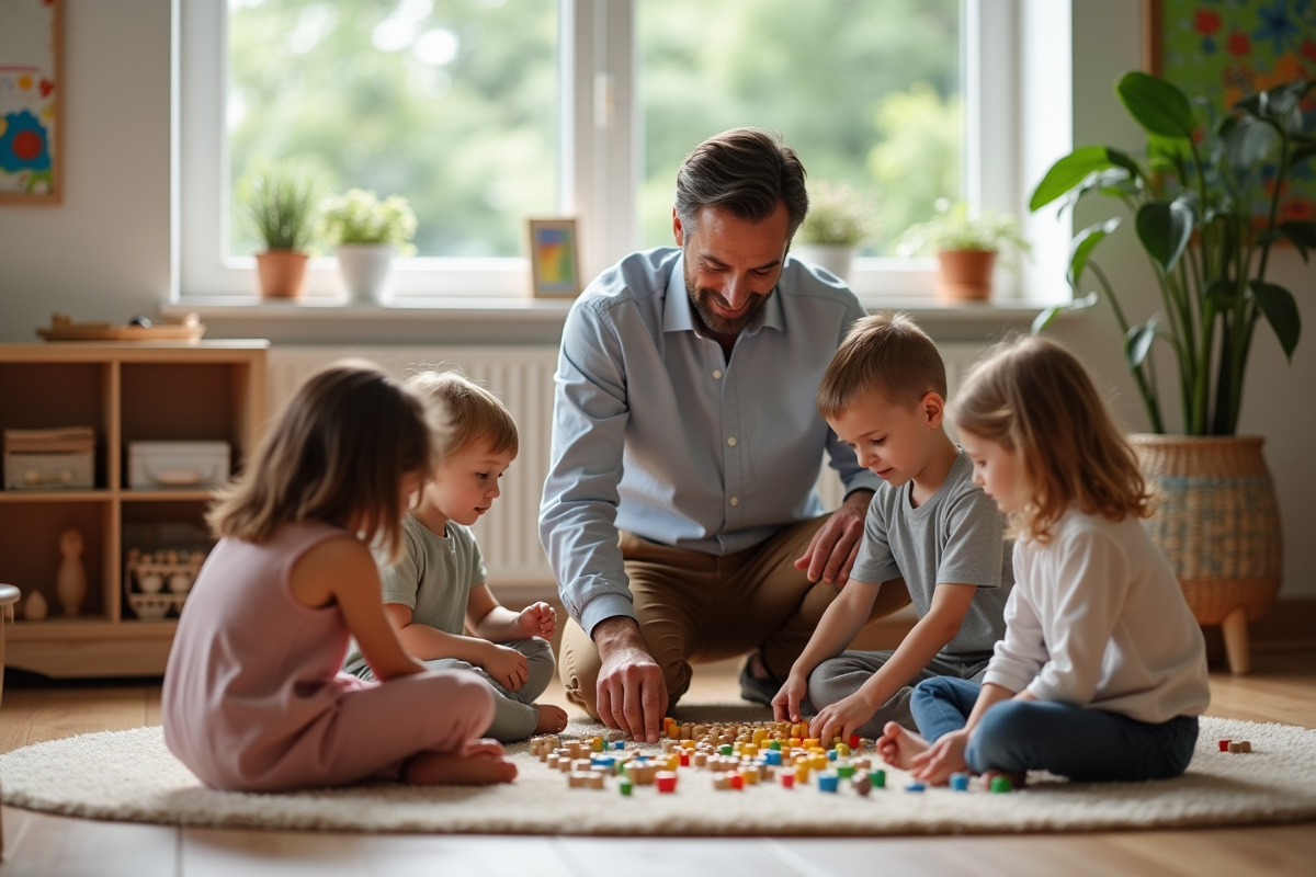 Enseignant guidant des enfants avec des perles de comptage dans la classe