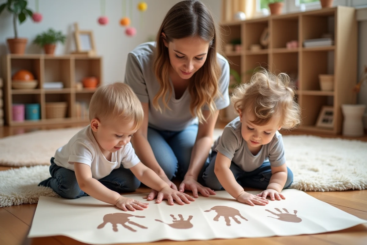 Enseignante aidant deux enfants à faire une empreinte de main