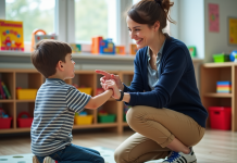 Exemples de soutien pour comportement positif : comment agir efficacement ? Enseignante souriante avec un élève en classe
