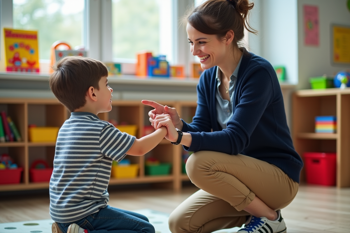 Enseignante souriante avec un élève en classe