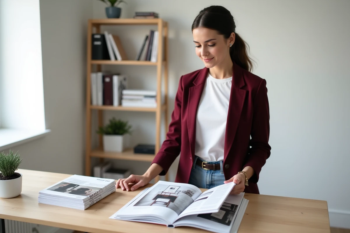 Jeune entrepreneuse choisissant son abonnement magazine professionnel depuis son bureau à domicile