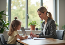 Femme d'affaires souriante travaillant à domicile avec son enfant