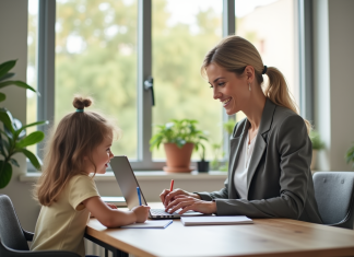 Femme d'affaires souriante travaillant à domicile avec son enfant