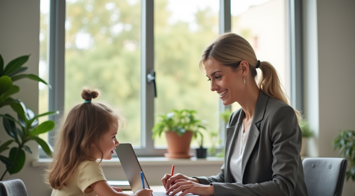 Femme d'affaires souriante travaillant à domicile avec son enfant