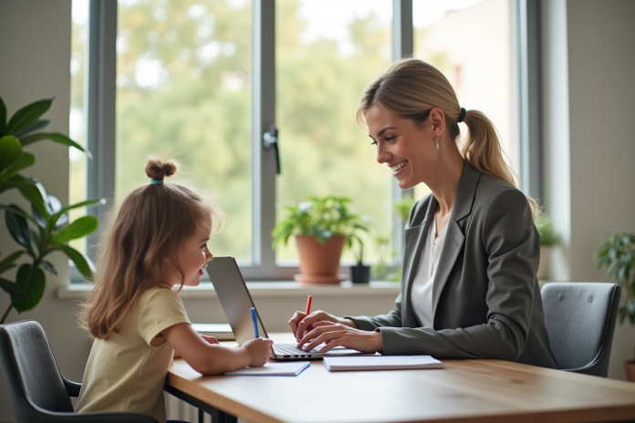 Femme d'affaires souriante travaillant à domicile avec son enfant