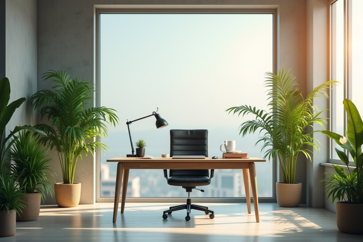 Espace de travail organisé avec plantes et séparation