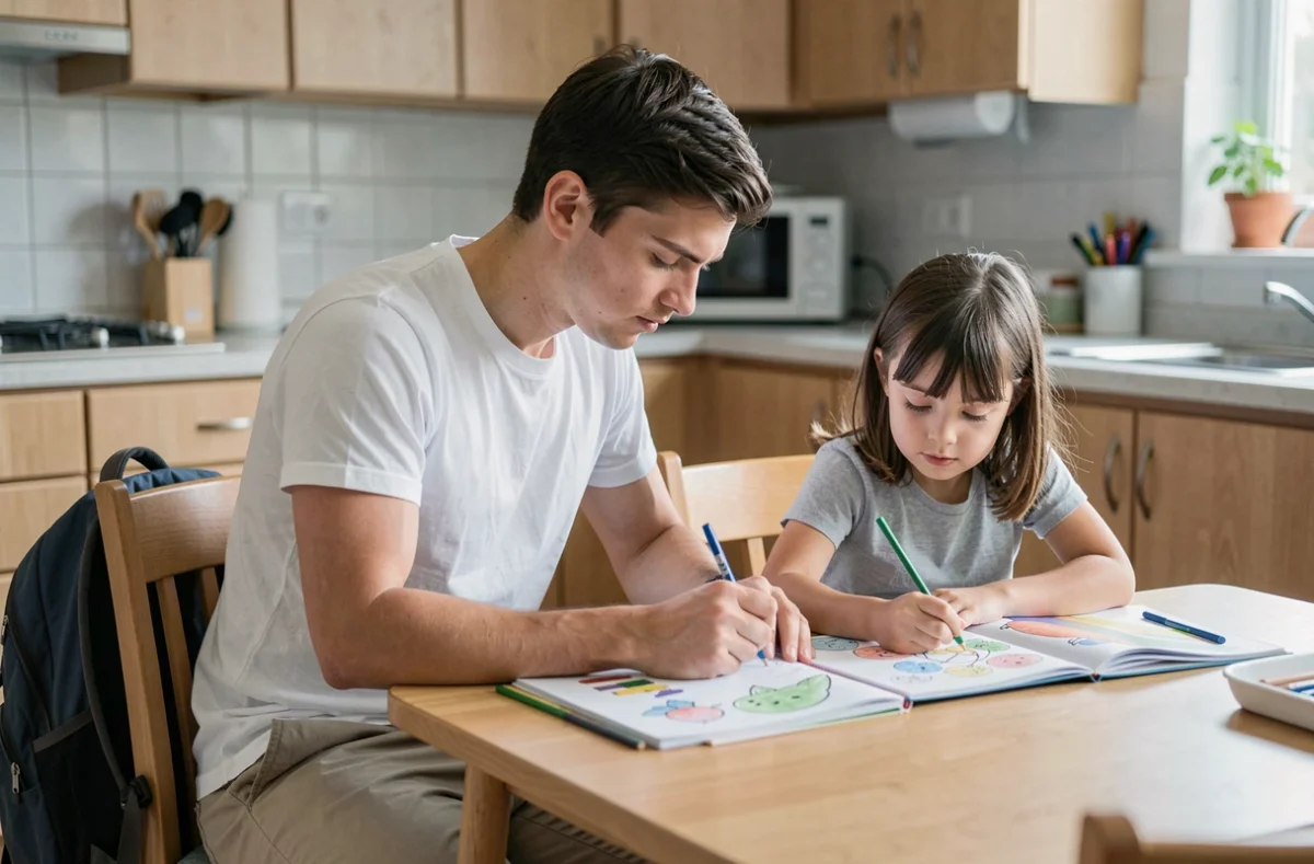 Étudiant en baby-sitting aidant une fillette à colorier dans une cuisine moderne