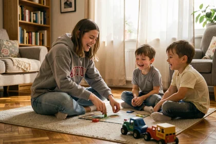 Étudiante faisant du baby-sitting avec deux enfants dans un salon familial chaleureux
