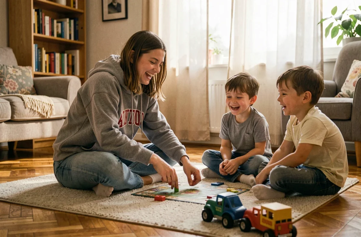 Étudiante faisant du baby-sitting avec deux enfants dans un salon familial chaleureux