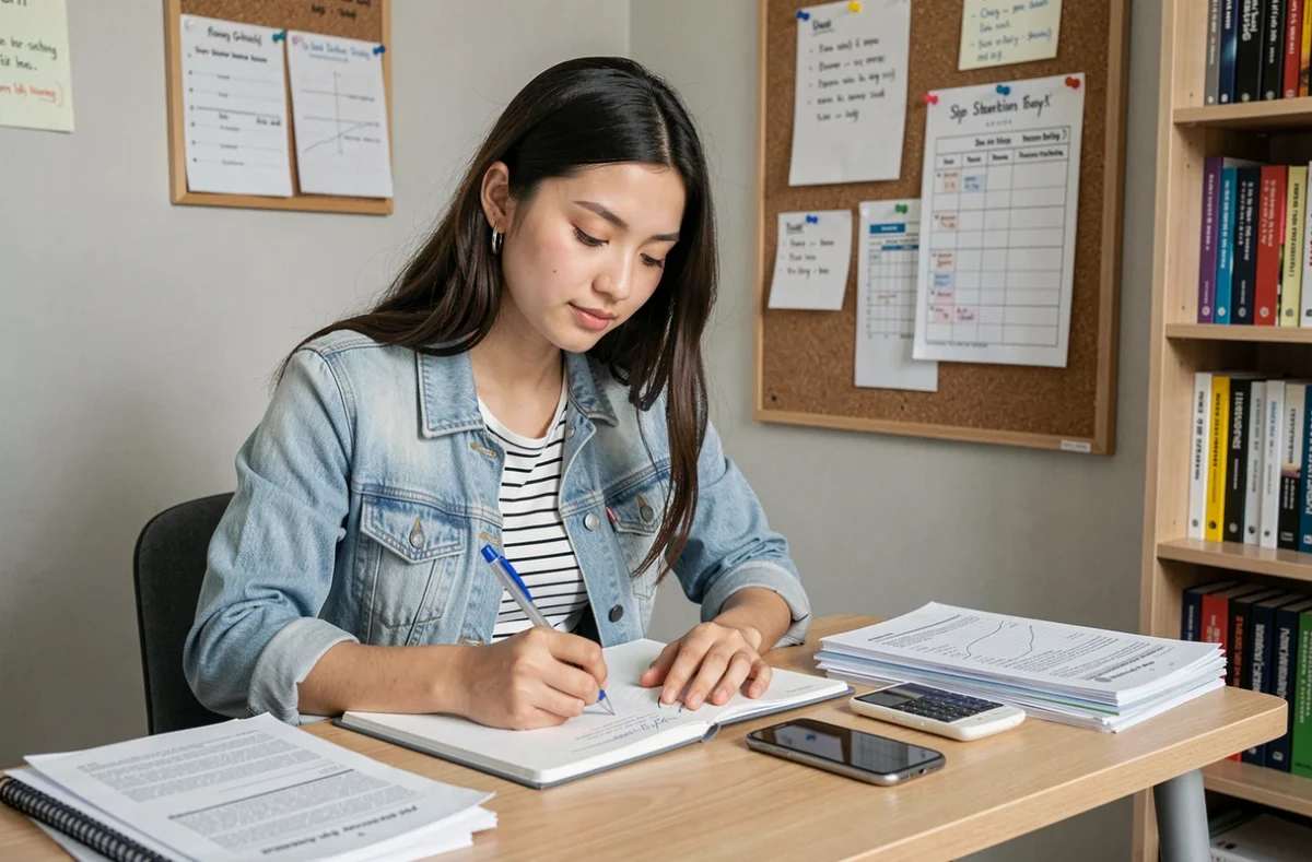 Étudiante calculant son tarif de baby-sitting à son bureau avec des notes et un smartphone