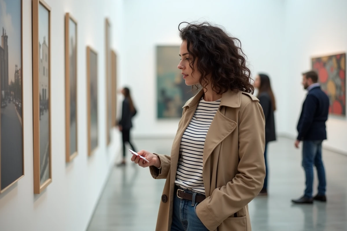 Femme visitant une exposition d'art contemporain gratuite dans un musée d'Île-de-France le week-end