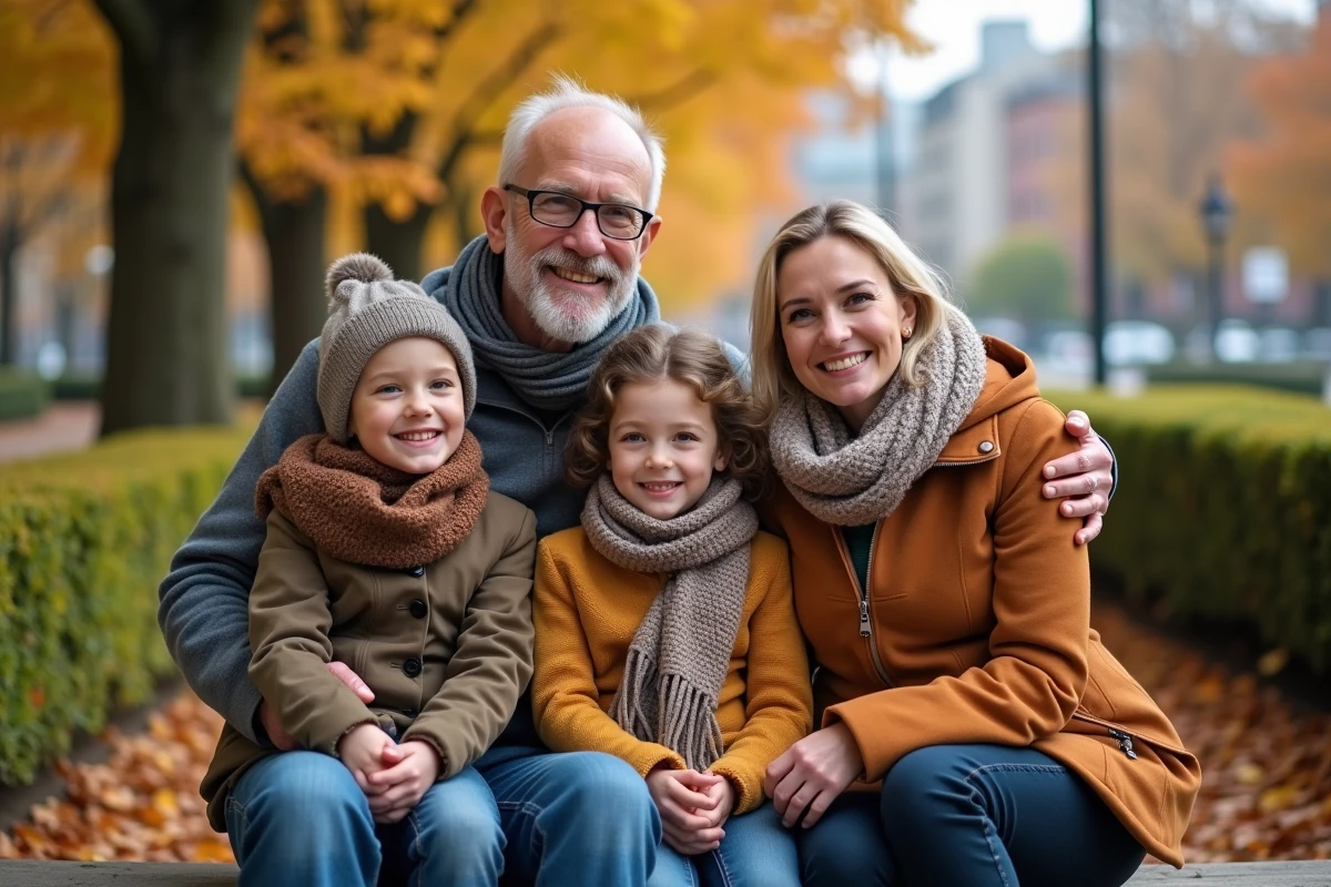 Famille multigénération dans un parc en automne souriant