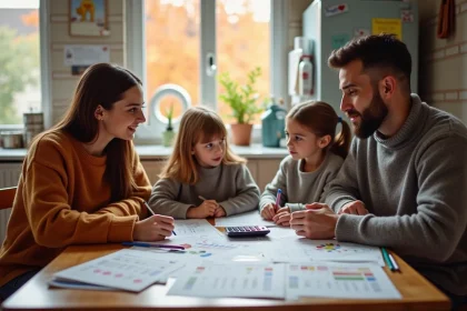Famille de quatre autour d'un tableau de budget familial