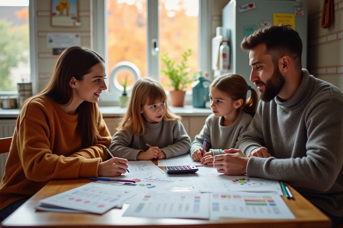 Famille de quatre autour d'un tableau de budget familial