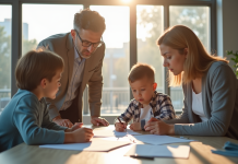 Famille discutant avec un conseiller dans un bureau lumineux