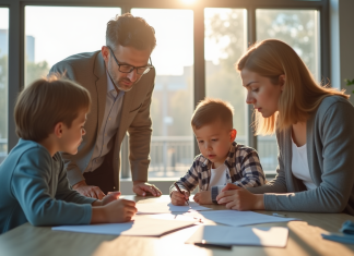 Famille discutant avec un conseiller dans un bureau lumineux