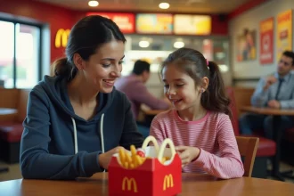 Mère et fille partageant un Happy Meal McDonald's dans un restaurant, avec la boîte repas ouverte et un jouet sur le plateau