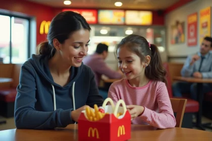 Mère et fille partageant un Happy Meal McDonald's dans un restaurant, avec la boîte repas ouverte et un jouet sur le plateau