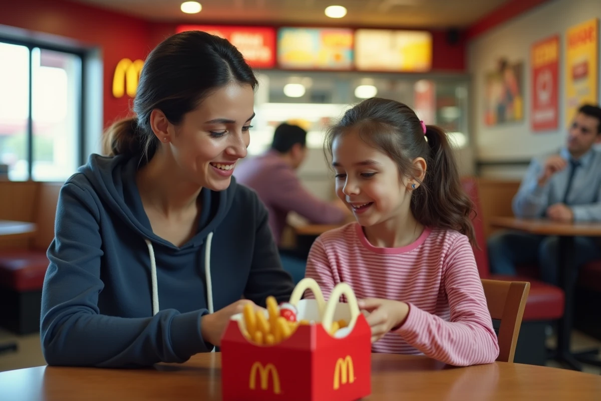 Mère et fille partageant un Happy Meal McDonald's dans un restaurant, avec la boîte repas ouverte et un jouet sur le plateau