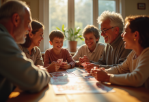 Famille multigenerational jouant aux cartes autour d'une table ensoleillée