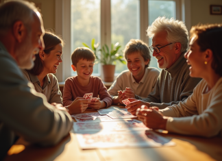 Famille multigenerational jouant aux cartes autour d'une table ensoleillée