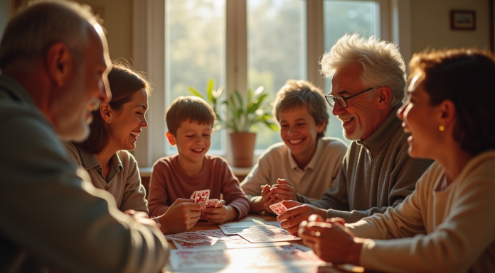 Famille multigenerational jouant aux cartes autour d'une table ensoleillée