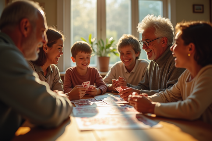 famille-jeux-de-cartes Famille multigenerational jouant aux cartes autour d'une table ensoleillée